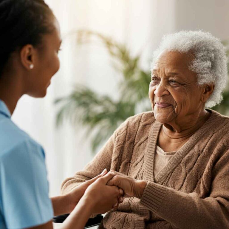 Caregiver holding hands with senior woman at home