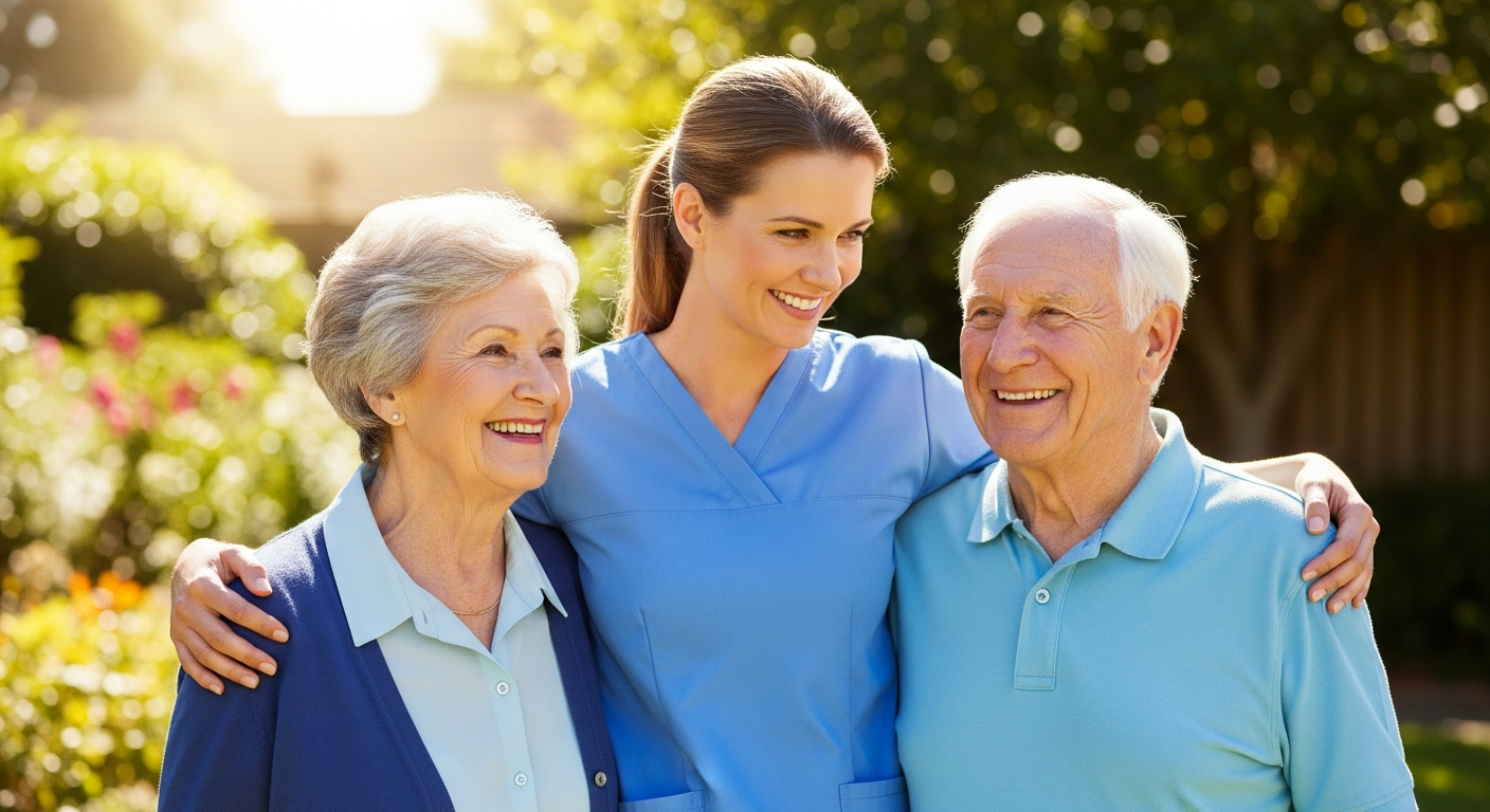 Caregiver embracing senior couple outdoors